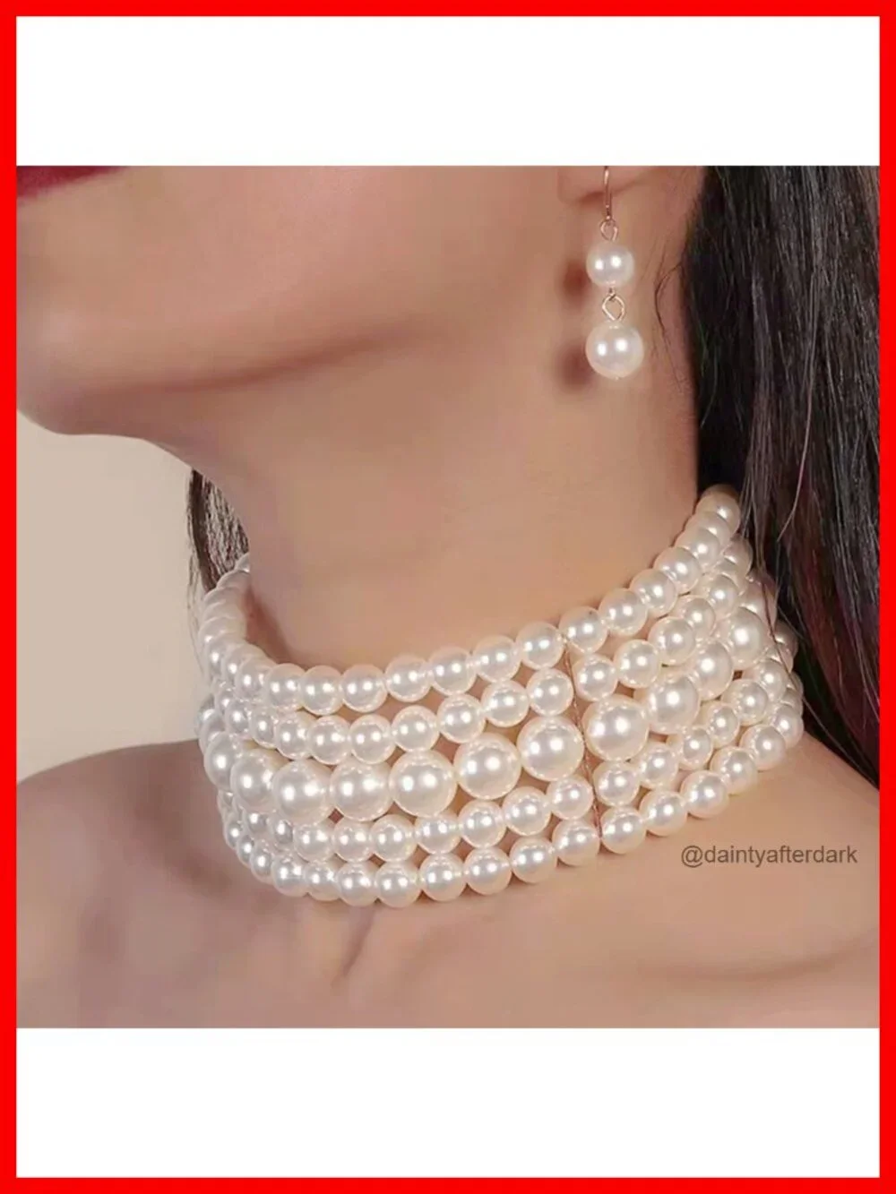 Multi-Layer Pearl Choker Necklace Earrings Set Lobster Clasp 16in
